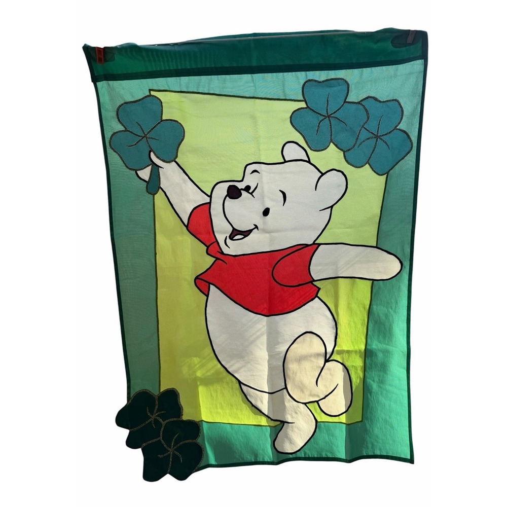 Vintage Disney Winnie The Pooh ST‎ Patricks Day Garden House Flag 1998 Shamrocks